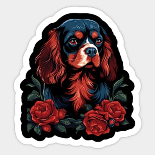 King Charles Spaniel with red roses illustration Sticker